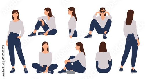 Diverse collection of poses shows a woman in a grey shirt and dark pants standing, sitting, and lounging from various angles.