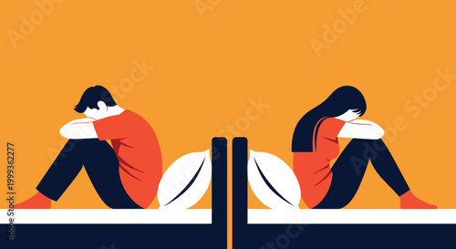 Man and woman sitting back to back on a bed looking sad and discouraged on an orange background for relationship issues.
