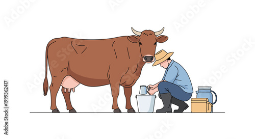 Farmer in a straw hat and blue shirt kneeling down to milk a brown cow into a white bucket on a farm next to equipment.