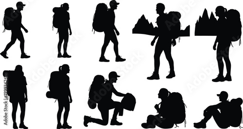 Hikers with backpacks in mountain setting isolated on white background, Vector