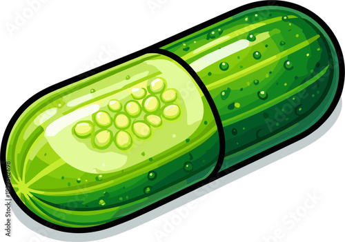 Isolated cucumber shaped like a capsule medicine, solid green gradient, healthy concept