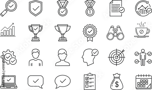 Outlined black and white business productivity achievement icons set with magnifying glass shield medals charts trophies badges gears target checklist calendar