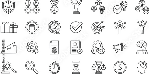 Outlined black and white business achievement productivity icons set with shield medals trophy ribbons target gears justice scales stopwatch hourglass