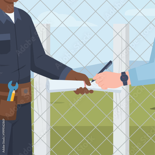 Worker hands over clipboard to colleague through chain link fence