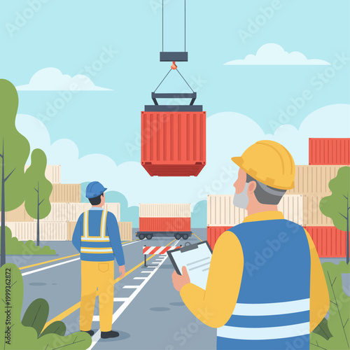 Workers oversee cargo container being lifted by crane on road