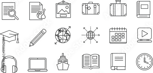 Outlined black and white education travel technology icons set with graduation cap globe laptop ship book calendar clock headphones pencil