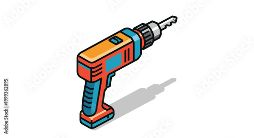 Vibrant orange and blue power drill shown in an isometric perspective with its shadow, ideal for construction, DIY, and tool related projects.