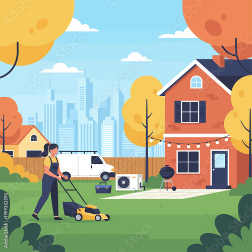 Man mowing suburban lawn with house, cityscape, trees, and van in background on sunny day