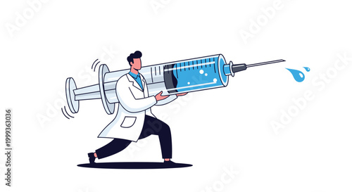 Male doctor in a white lab coat carrying a massive syringe filled with blue liquid, symbolizing vaccinations, medicine, and healthcare.