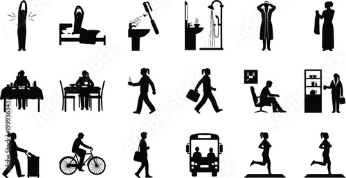Daily life activities flat icons set isolated on white background, Vector