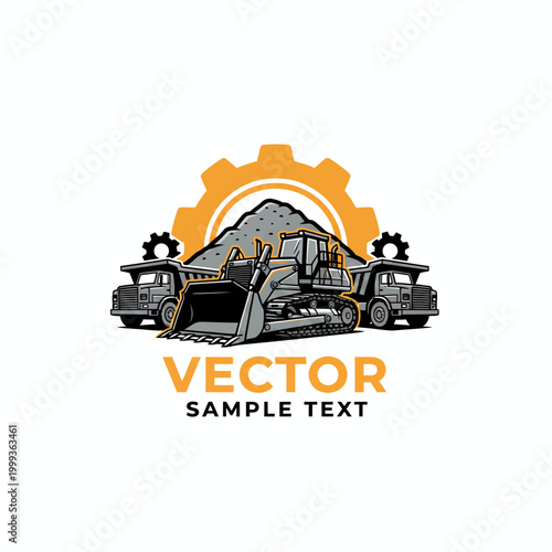 Heavy machinery operates near industrial settings with gear and mountain backdrop