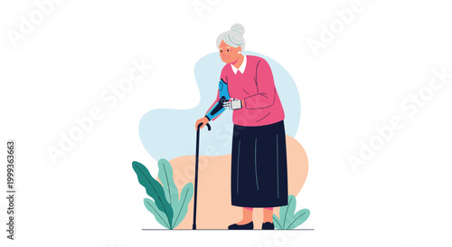 Elderly woman with white hair and a blue prosthetic arm uses a black walking cane for support while standing in a garden setting.