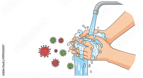 Hygiene concept showing hands being washed under running water from a tap to remove bacteria and various virus particles.