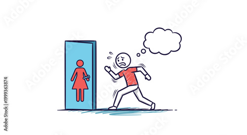 Humorous illustration of a confused man running away from a female toilet door while thinking with a thought bubble.