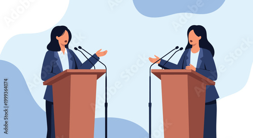 Illustration of two professional women standing at wooden podiums with microphones during a political debate or speech.