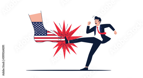 Conceptual illustration of a businessman being kicked by a giant foot decorated with the United States flag pattern.