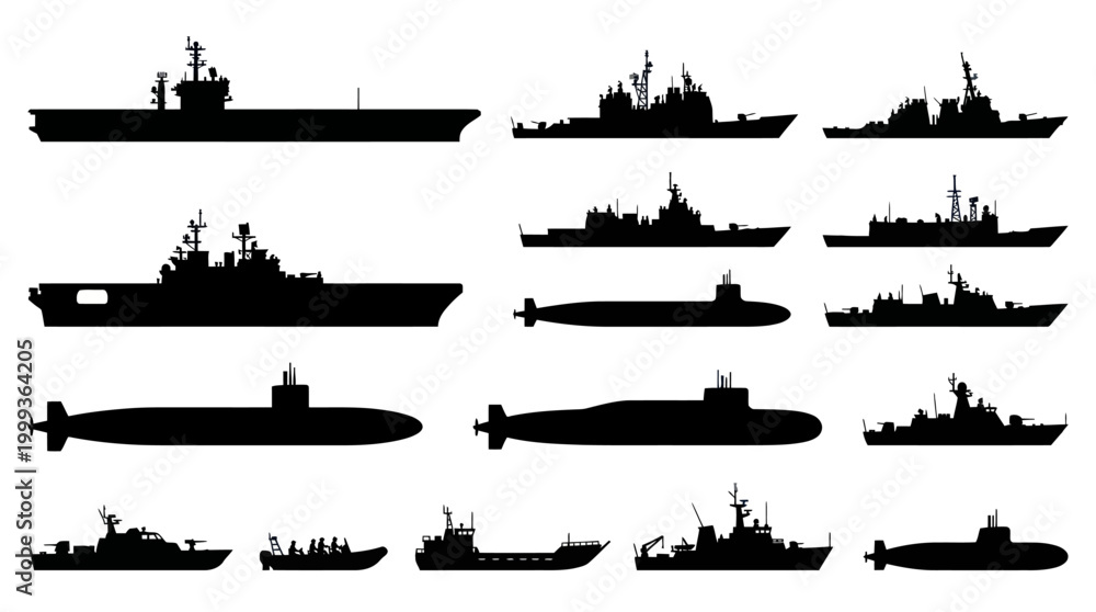 Obraz premium Military Naval Warships Submarines Silhouette Vector Collection