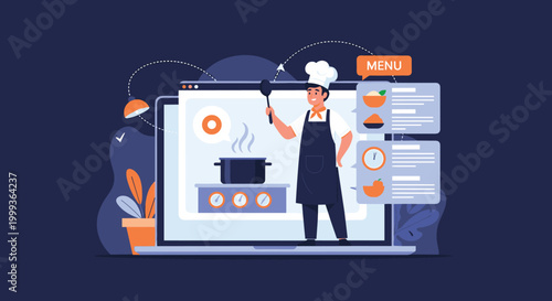 Conceptual illustration of an online cooking class featuring a chef on a laptop screen with recipe and menu bubbles.