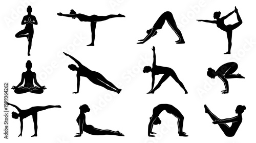 Black and White Yoga Poses Vector Illustration - Health  Wellness