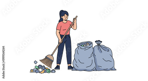 Environmentally conscious woman using a broom to sweep trash and litter into large gray garbage bags for recycling.
