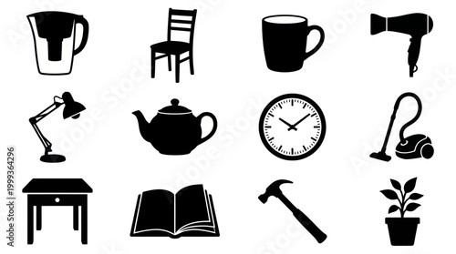 Black and White Icons: Household Appliances and Furniture Set