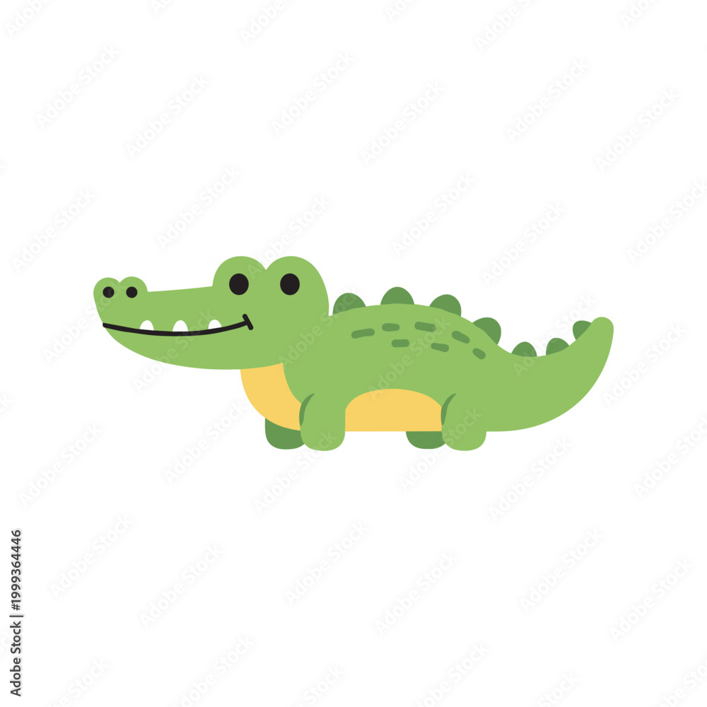 Fototapeta premium Flat vector illustration of a cute green crocodile in side view, featuring a rounded body, small legs, and a yellow belly, designed in a playful cartoon style on isolated background