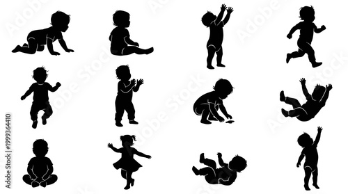Early Childhood Development Vector Silhouettes: Babies in Various Poses and Stages of Growth