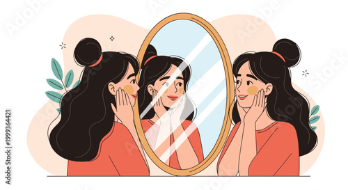 Illustration of a woman looking into an oval mirror seeing a different happier reflection of herself smiling brightly.