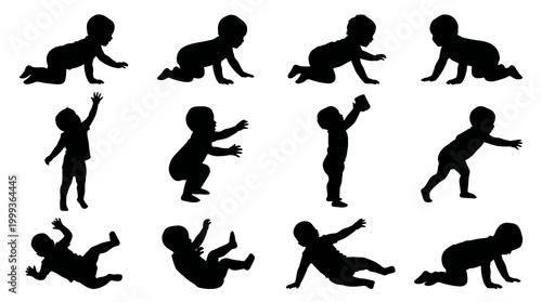 Silhouette of baby in various crawling, playing, and falling poses
