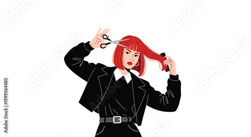 Stylish woman with red hair and a black leather jacket using scissors and a comb to cut her own bangs at home.