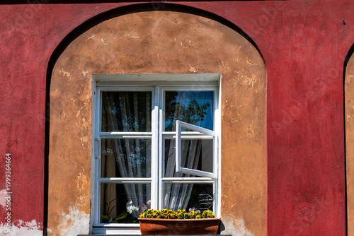 Window street outdoors outside view with flower basket potted pot plant planter with pansies orchid flowers in Warsaw, Poland old town market square