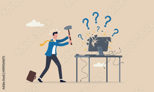 Frustration from computer problem or tech failure, stressful or anxiety from overworked or disappointment and mistake concept, frustrated businessman hitting to computer with hammer
