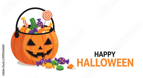 Festive orange jack o lantern pumpkin bucket overflowing with various colorful Halloween candies and sweets for trick or treat.