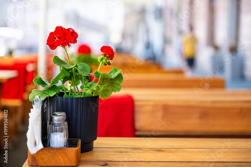 Restaurant sidewalk cafe wooden table with red geranium flower pot plant in Warsaw, Poland old town market square in blurry blurred background