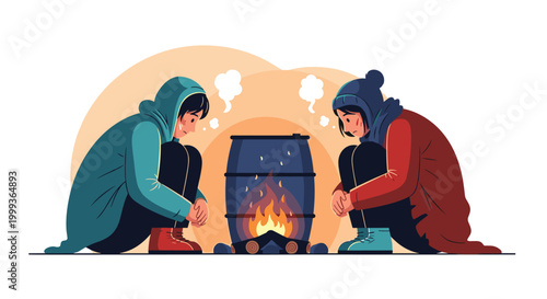 Touching illustration of two homeless people huddled together to get warmth from a fire burning inside a metal barrel at night.