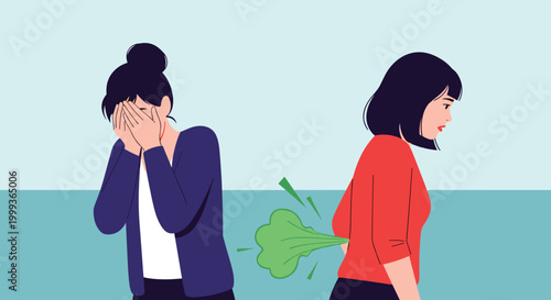 Humorous illustration of a woman accidentally farting while her friend reacts by covering her face in embarrassment and disgust.