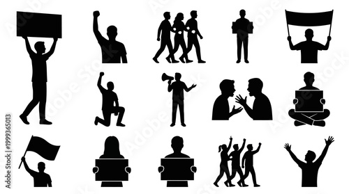 Protest Icons: Silhouette Crowd Holding Signs, Banners, Megaphone, Flag