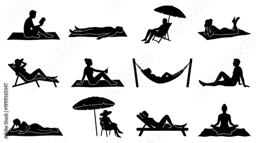 Summer Leisure Activities Silhouettes: People Relaxing, Sunbathing, Yoga Vector Icons