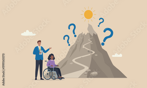 Diversity uphill peak for disability people concept, HR officer offering job for new disabled candidate on the wheelchair be permanent employee