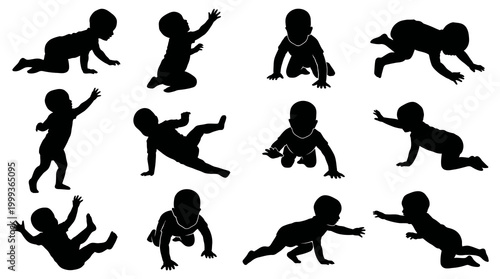 Black and White Baby Development Silhouettes - Vector Infants Crawling  Playing