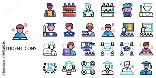 Student simple concept 24 color icons set .Vector illustration.