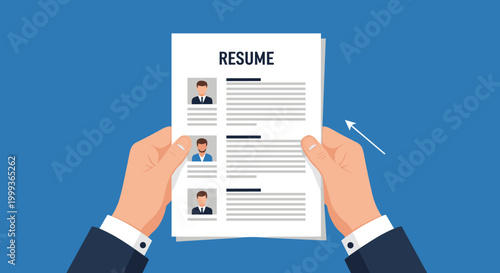 Professional illustration from the point of view of a recruiter holding a resume with multiple candidate profiles for a job.