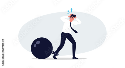 Stressed businessman in a shirt and tie trying to move forward while a heavy iron ball and chain are attached to his ankle as an obstacle.