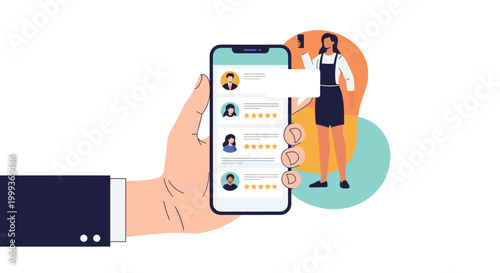 Hand holding a modern smartphone to display positive customer reviews and star ratings for a female shop worker standing in the background.