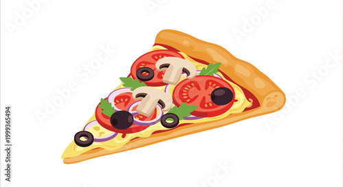Appetizing slice of Italian pizza topped with tomato slices, mushrooms, black olives, red onions, and green herbs on a plain background.