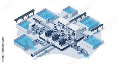 Industrial water treatment plant with pumps and tanks.