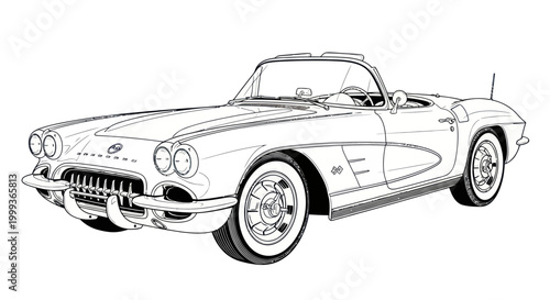 Vintage Convertible Car Drawing, Classic American Sports Car Sketch, Retro Automobile Outline