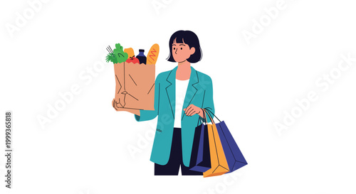 Woman holding a brown paper bag filled with groceries and several colorful shopping bags after a successful trip to the stores.