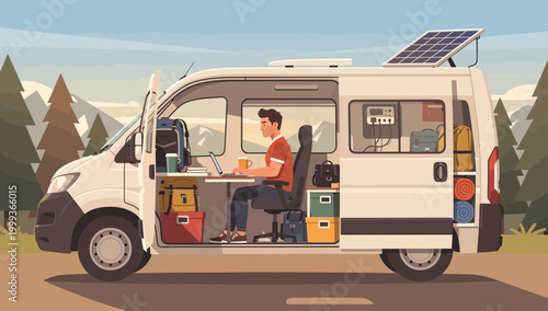 Digital nomad working on laptop in camper van with solar panels