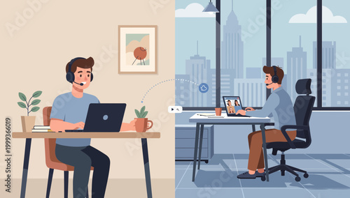 Hybrid work model illustration showing remote and office collaboration